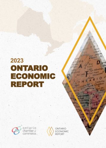 2023 Ontario Economic Report. Cover Page with the map of Canada faded in the background, and a diamond graphic with a globe focused on Ontario.