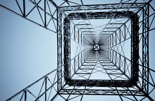 An aerial view of an electrical tower.