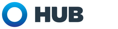 A blue and white logo with the word hub.