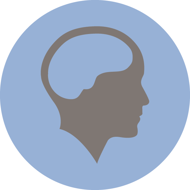 A silhouette of a human head in a blue circle.