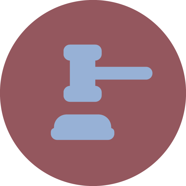 A judge's gavel icon on a blue circle.
