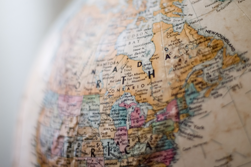 A close up of a globe with a map of the united states.