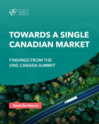 Cover of a report titled "Towards a Single Canadian Market" with a top-down view of a forest and a highway with a truck; includes a button labeled "Read the Report.