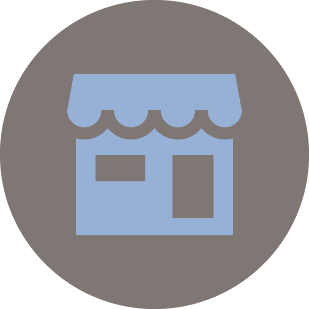 A blue and gray shop icon in a circle.