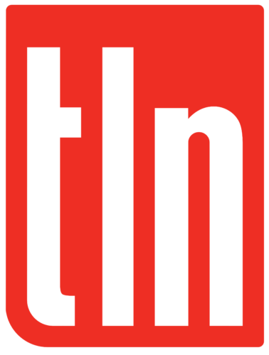 The tln logo on a red background.