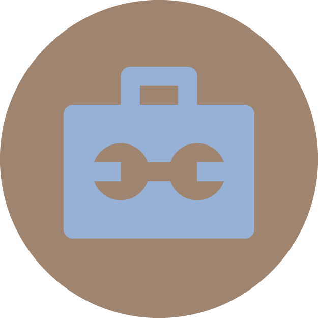 A blue and brown icon of a briefcase.