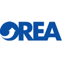 A blue and white logo with a black background.