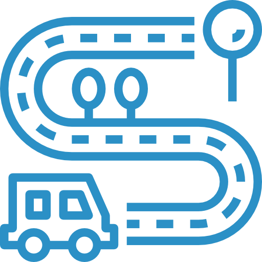 A blue icon with a truck driving down a road.